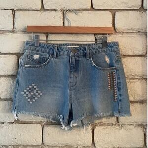 Unpublished High-Rise Denim Cutoff Shorts with Geometric Embroidery - Size 29